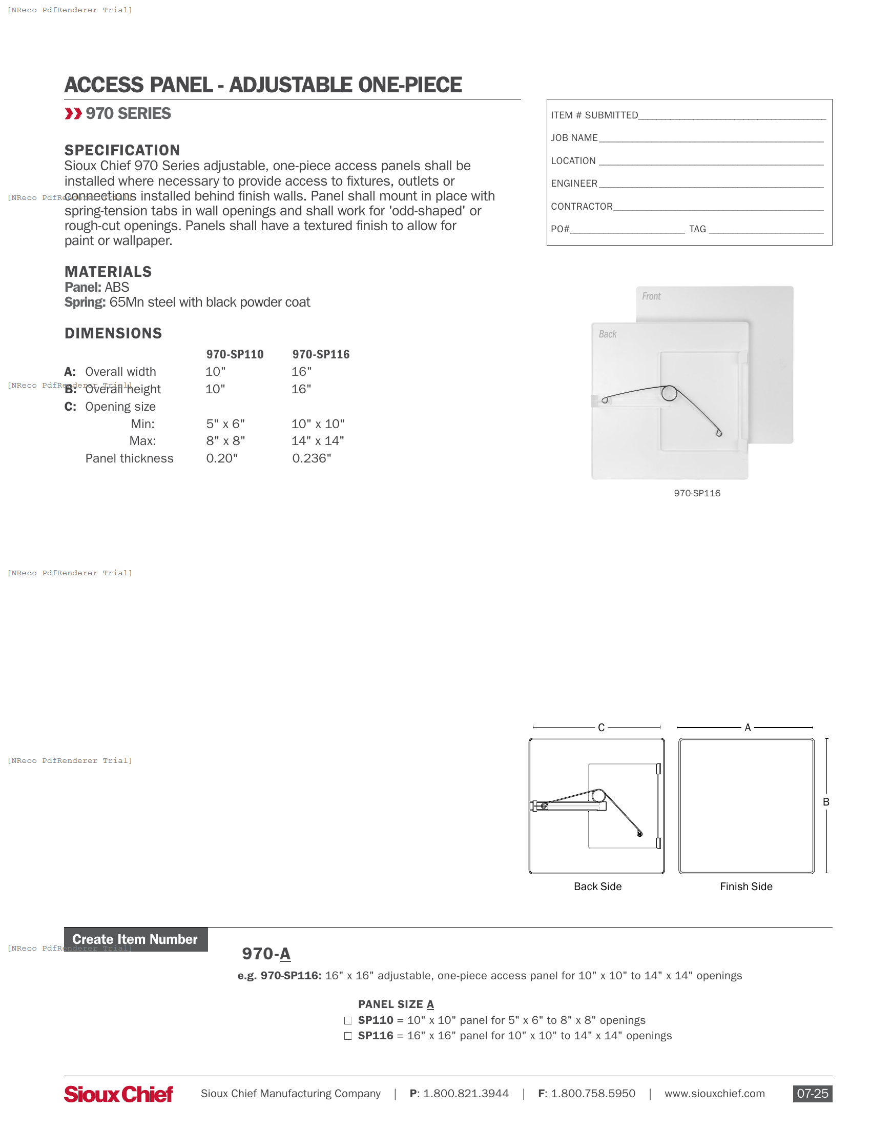 970 SERIES - ADJUSTABLE ONE-PIECE ACCESS PANEL - SPEC SHEET.PDF Specification Document
